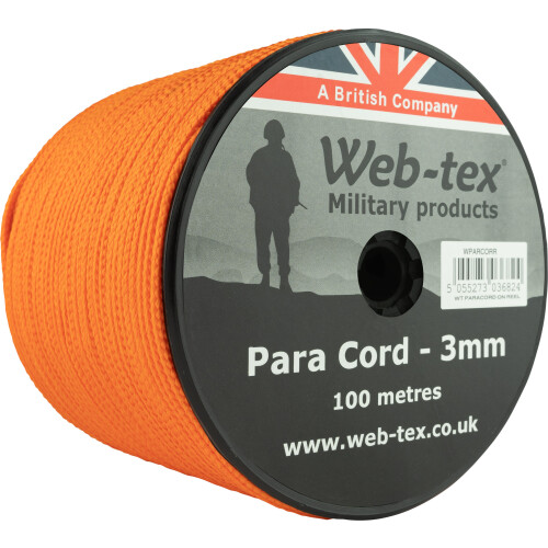 Web-tex 3mm Paracord 100m Reel, Polypropylene Parachute Cord Orange