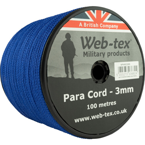 Web-tex 3mm Paracord 100m Reel, Polypropylene Parachute Cord Blue