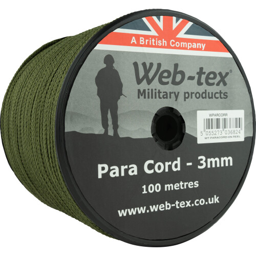 Web-tex 3mm Paracord 100m Reel, Polypropylene Parachute Cord Green