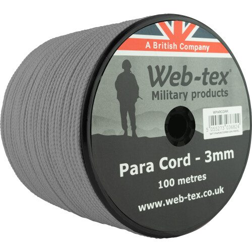 Web-tex 3mm Paracord 100m Reel, Polypropylene Parachute Cord Grey