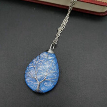 (Silver Navy) Wire Vintage Copper Water Drop Necklace Pendant With Wave For Pattern Women