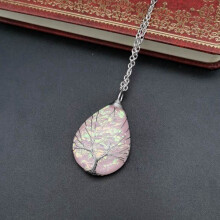 (Silver Pink) Wire Vintage Copper Water Drop Necklace Pendant With Wave For Pattern Women