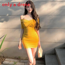(Yellow, L) Off Trendy Shoulder Bodycon Dress With Polyester Fabric Solid Color For Party