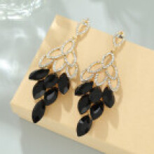 (Black) Long Modern Alloy Drop Earrings Irregular Shape Crystal Jewelry Stylish Women