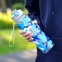 (Blue) Sports Water Camouflage Bottle With Lock Design And Reusable Straw Teens For