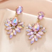 (Pink) Luxury Alloy Feather Drop Earrings With Sparkling Crystals Wear Elegant Women