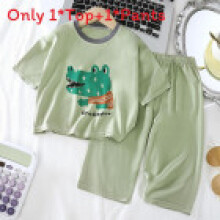(Green, 90cm) Pajama Kids Set With Short Sleeve Top And Long Pants For Comfort Summer Fashion