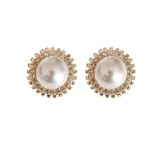 (Gold) Drilled Vintage Round Pearl Earrings Women Geometric Design Wear Formal Bridal