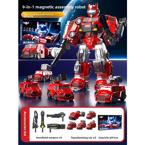 (Red)Magnetic Transforming Toy Robot With Assembly For Kids Development Coordination