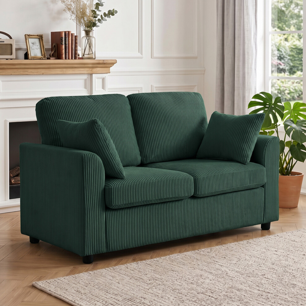 Homcom 2 Seater Sofa, Corduroy Small Couch With Spring Cushion, Dark Green