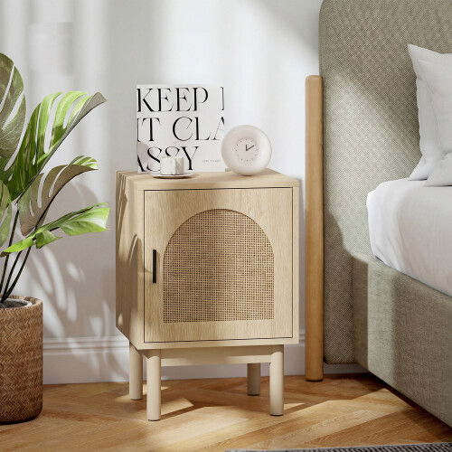 Homcom HOMCOM Boho Bedside Table with Rattan Door and Adjustable Shelf, Natural 1