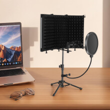 Microphone Isolation Shield with Stand, Soundproof Mic Isolation Shield with Pop Filter & Desktop Tripod for Podcasting, Vocal Recording, Streaming