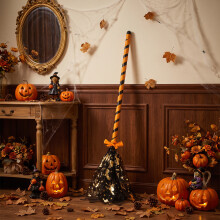 Halloween Witch Broom Prop, Black-Gold Tulle Wizard Broomstick for Kids Cosplay and Home Party Decoration