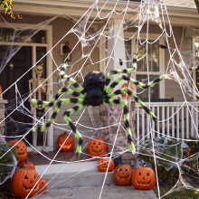Halloween Giant Black-Green Striped Plush Spider with 7M Triangular Spider Web