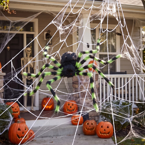 Living And Home Halloween Giant Black-Green Striped Plush Spider with 7M Triangular Spider Web