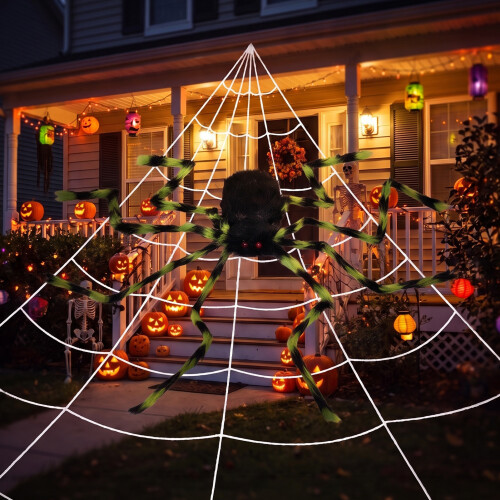 Living And Home Halloween Giant Black-Green Striped Plush Spider with 7M Triangular Spider Web 1