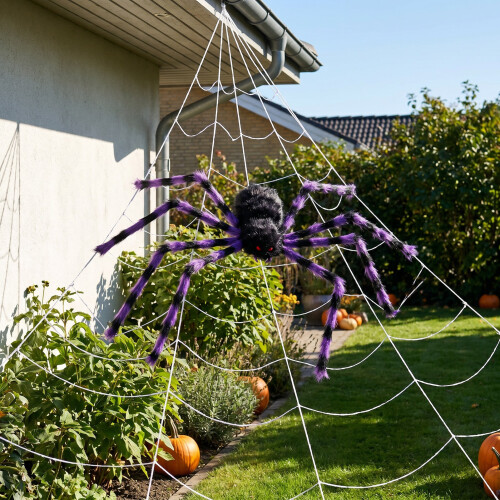 Living And Home Halloween Giant Black-Purple Striped Plush Spider with 7M Triangular Spider Web