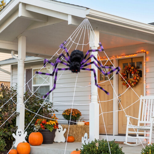 Living And Home Halloween Giant Black-Purple Striped Plush Spider with 7M Triangular Spider Web 1