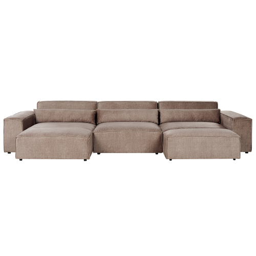 Beliani Modular Corner Sofa 4 Seater HELLNAR with Ottoman Fabric Light Brown Right Hand