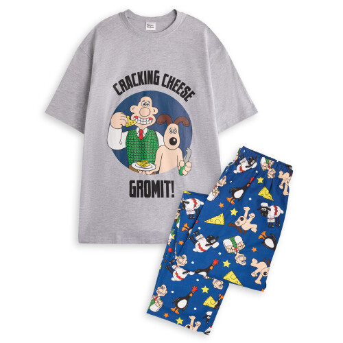 (Medium) Wallace And Gromit Short Sleeve Long Leg Pyjama Set (Mens Grey)