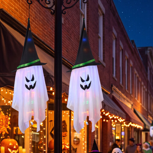 Living And Home Set of 2 Halloween LED Glowing Ghost with Witch Hat