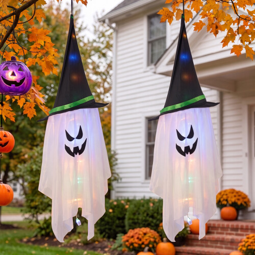 Living And Home Set of 2 Halloween LED Glowing Ghost with Witch Hat 1