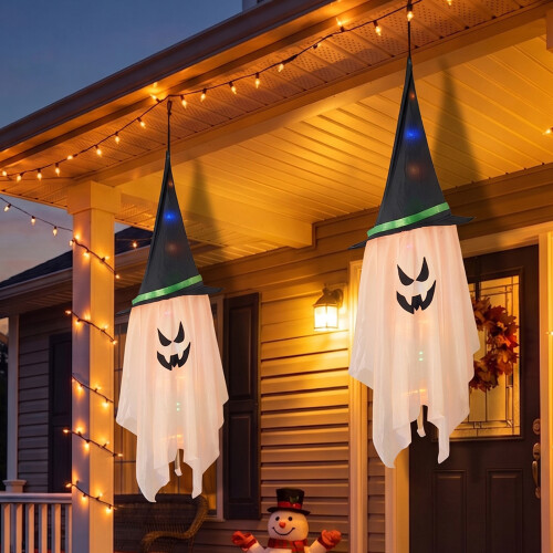 Living And Home Set of 2 Halloween LED Glowing Ghost with Witch Hat 2