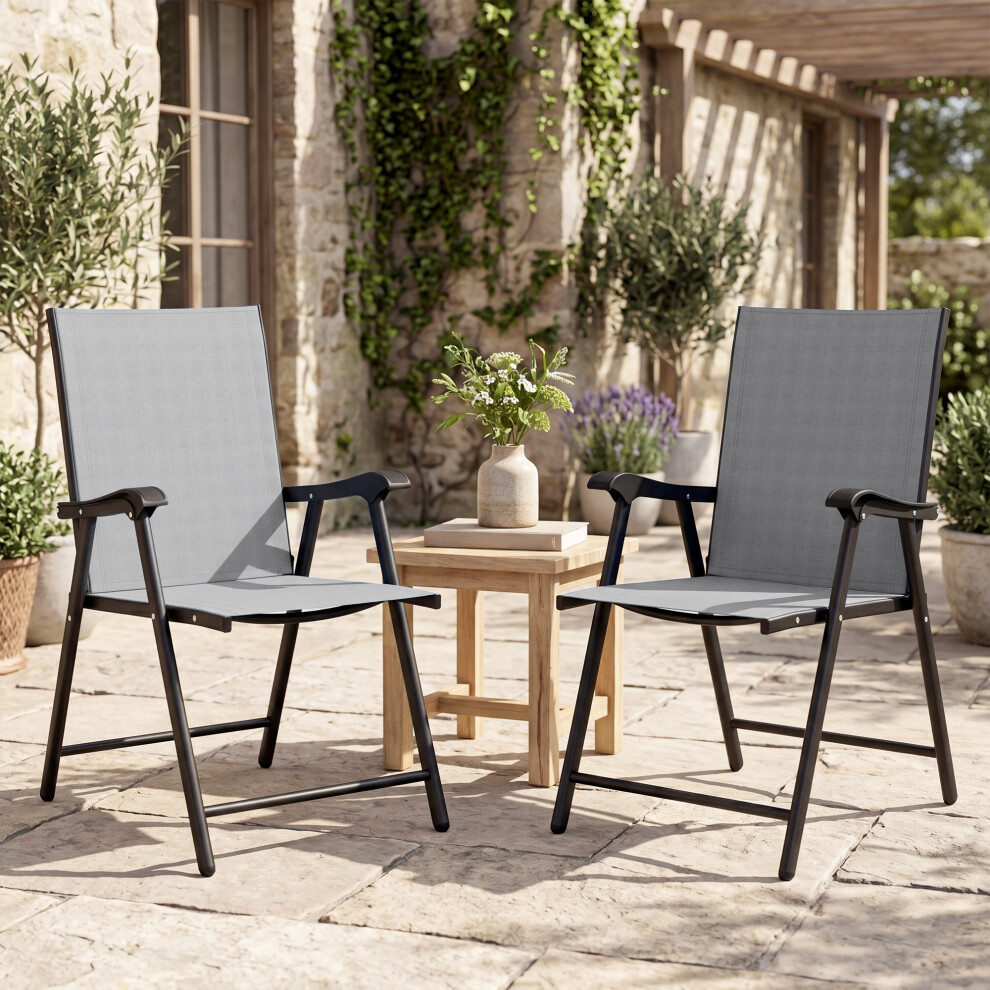 Outsunny Folding Garden Chairs Set Of 2 With High Back, Armrests, Light Grey