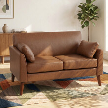 HOMCOM 2 Seater Sofa, 132 cm Modern Small Sofa with Solid Wood Legs, Brown