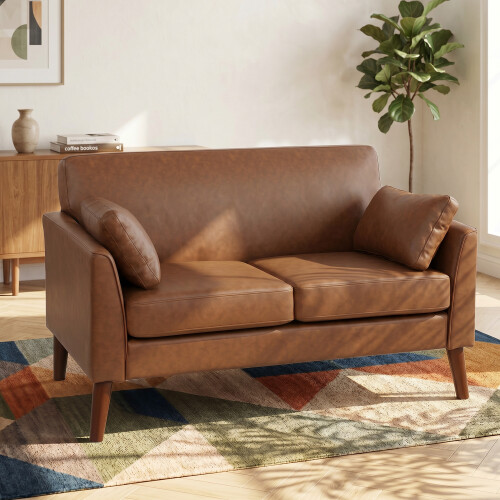Homcom HOMCOM 2 Seater Sofa, 132 cm Modern Small Sofa with Solid Wood Legs, Brown