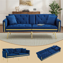 (Blue, Velvet) Two-Seater Sofa Bed with Adjustable Backrest, Gold Accents & Cup Holders – Convertible Living Room/Bedroom Sofa