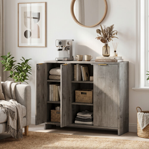 Homcom HOMCOM Sideboard with 3 Doors and Adjustable Shelves, Kitchen Cupboard, Grey 1