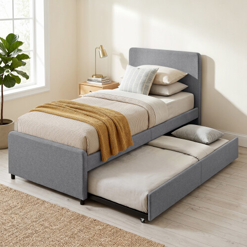 Homcom HOMCOM 90 x 190 cm Upholstered Single Bed, Pull Out Trundle Bed, Dark Grey