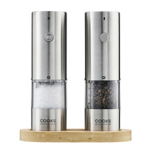 (Silver) Cooks Professional Rechargeable Salt and Pepper Mill Set with Bamboo Base