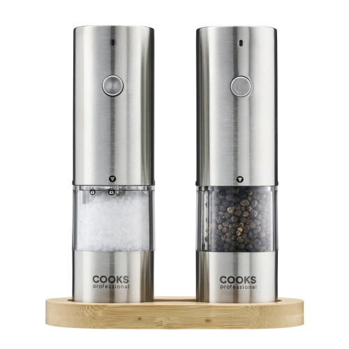 Cooks Professional (Silver) Cooks Professional Rechargeable Salt and Pepper Mill Set with Bamboo Base