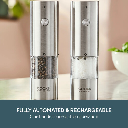 Cooks Professional (Silver) Cooks Professional Rechargeable Salt and Pepper Mill Set with Bamboo Base 1