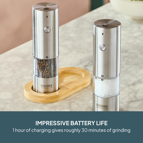 Cooks Professional (Silver) Cooks Professional Rechargeable Salt and Pepper Mill Set with Bamboo Base 2