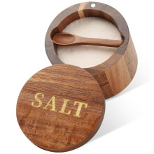 Salzgefäß Aus Holz mit Integriertem Löffel und Drehdeckel, Salzbehälter Zur Aufbewahrung Von Gewürzen auf der Arbeitsplatte