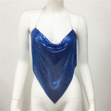 (Blue)Silver And Gold Metal Fabric Belted Tank Top For Urban Fashion Girls Party