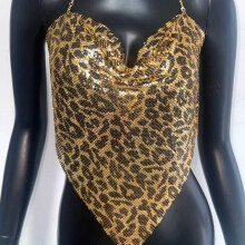 (Leopard Gold)Silver And Gold Metal Fabric Belted Tank Top For Urban Fashion Girls Party