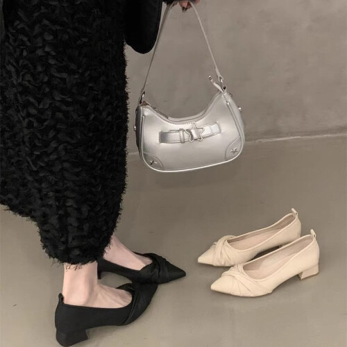 (Black,37)Small Pointed Toe Shoes With Solid Color And Pleated Design For Spring Outings 1