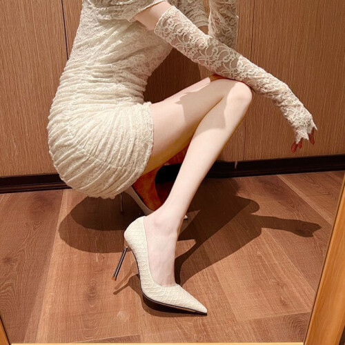 (Black,39)Womens Solid Color High Heeled Shoes With Scale Pattern And Pointed Head Design 2