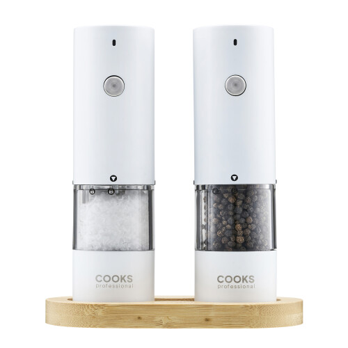 Cooks Professional (White) Cooks Professional Rechargeable Salt and Pepper Mill Set with Bamboo Base