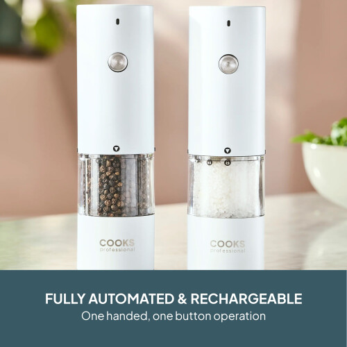 Cooks Professional (White) Cooks Professional Rechargeable Salt and Pepper Mill Set with Bamboo Base 1