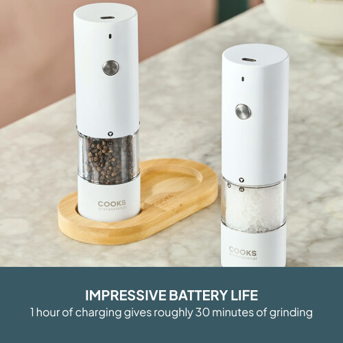 Cooks Professional (White) Cooks Professional Rechargeable Salt and Pepper Mill Set with Bamboo Base 2
