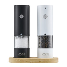 (Black & White) Cooks Professional Rechargeable Salt and Pepper Mill Set with Bamboo Base