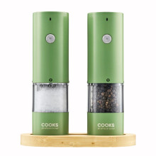 (Green) Cooks Professional Rechargeable Salt and Pepper Mill Set with Bamboo Base