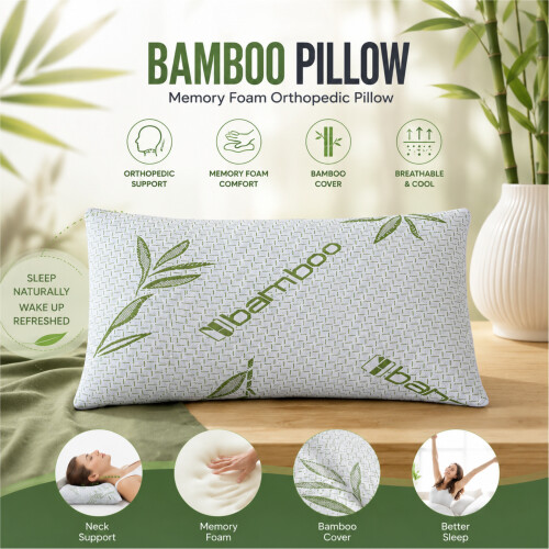 2x Cot Bed Pillow Bamboo Memory Foam Nursery Junior Toddler Kids Pillow 25x40cm.