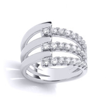 (L) Jewelco London Ladies Rhodium Plated Sterling Silver CZ Double Fork Split Crossover Bypass Eternity Ring - GVR960