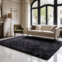 (160cm x 230cm OR 5ft 3" x 7ft 6"- Large Area Rug, Black- Area Rug) Large Fluffy Shaggy Rugs Non-Slip Living Room Rug